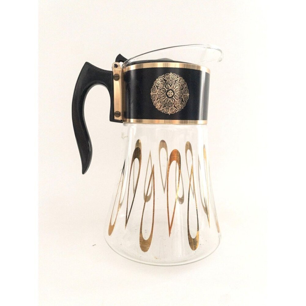 Vintage David Douglas Flameproof Glass Coffee Pot With Gold & Black Design 4 Cup